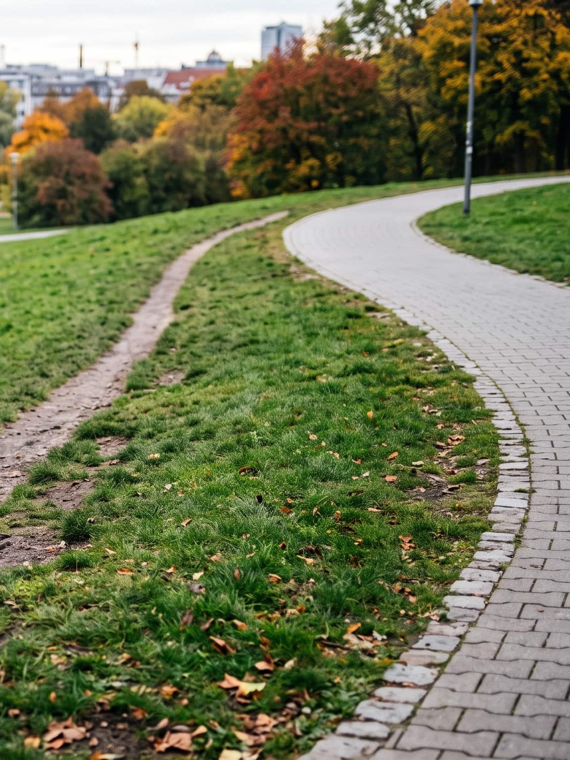 Gepflasterter Parkweg im Bogen, daneben ein ausgetretener Pfad, der geradewegs über den Rasen zum selben Ziel führt; im Hintergrund Herbstbäume